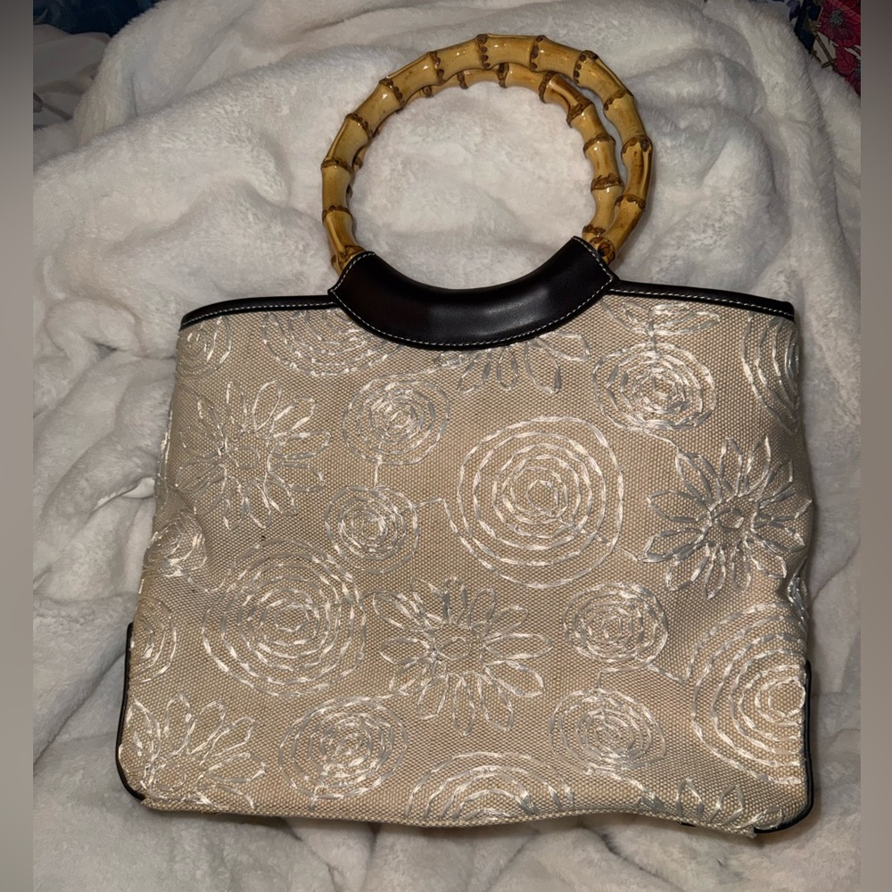 Preston & York Cream Floral Tote with Bamboo Handles
